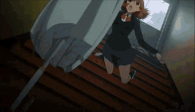 a girl in a school uniform is kneeling on the stairs