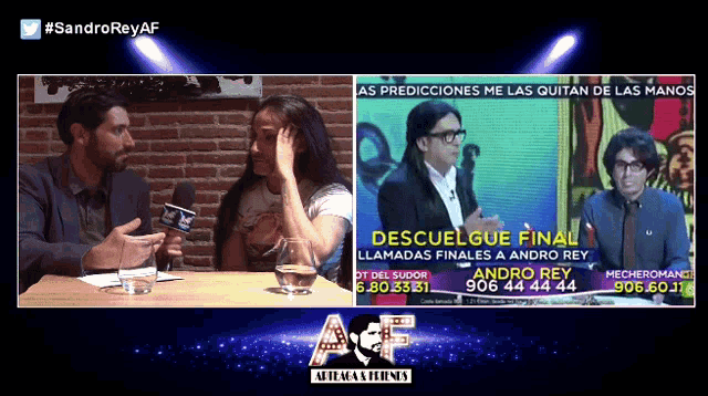a man and a woman are sitting at a table in front of a television screen that says descuelgue final