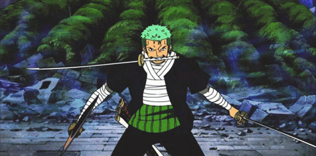 a man with green hair is holding two swords in his hand