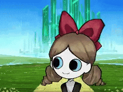 a little girl with a red bow on her head is standing on a yellow brick road
