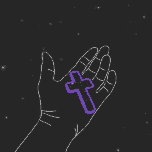 a drawing of a hand holding a purple cross with a star in the background