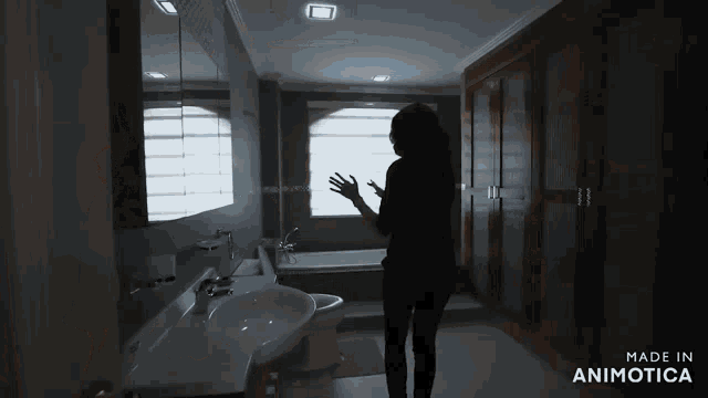 a silhouette of a woman in a bathroom with the words made in animotica below her