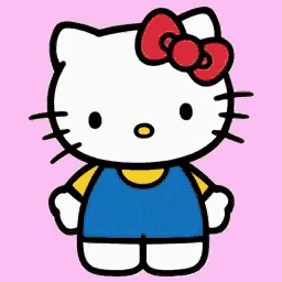 hello kitty wearing a blue shirt and a red bow