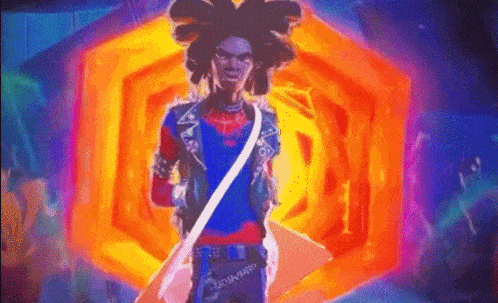 a man with dreadlocks is standing in front of a colorful background and holding a guitar .