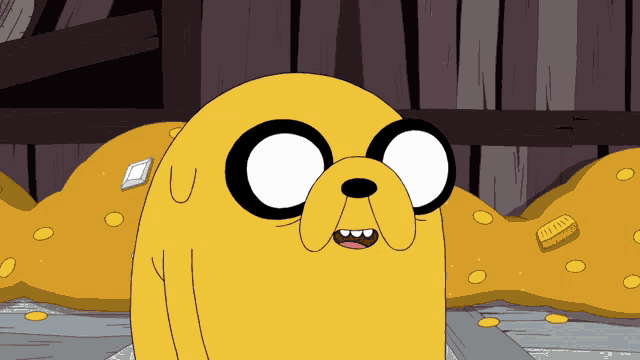 a cartoon character named jake is standing in front of a pile of gold coins