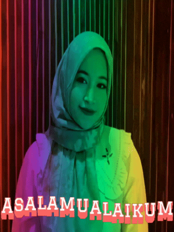 a woman wearing a hijab stands in front of a colorful background that says " assalamu'alaikum "