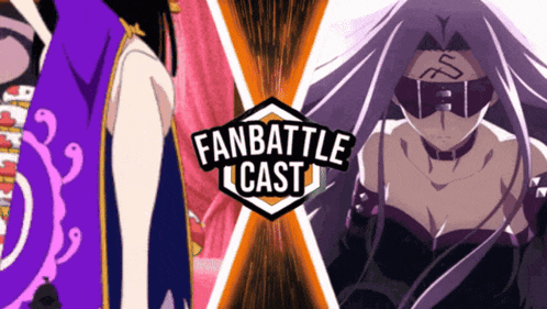 a poster for a fan battle cast with two anime characters on it