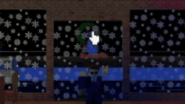 a man in a suit is standing in front of a brick wall with snowflakes on it .