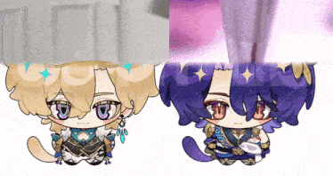 a drawing of a girl with purple hair is next to a drawing of a boy with yellow hair