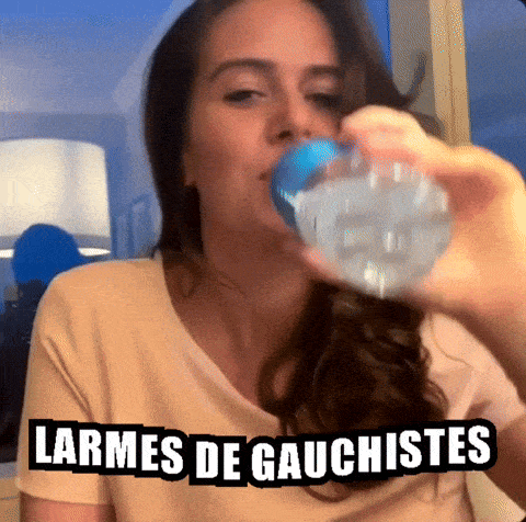 a woman drinking water from a bottle with the words larmes de gauchistes on the bottom