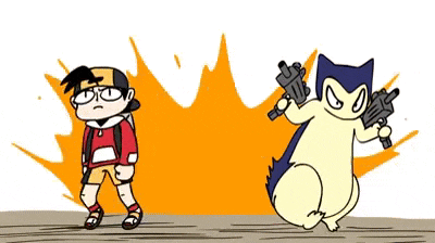 a cartoon of a boy standing next to a pokemon holding guns
