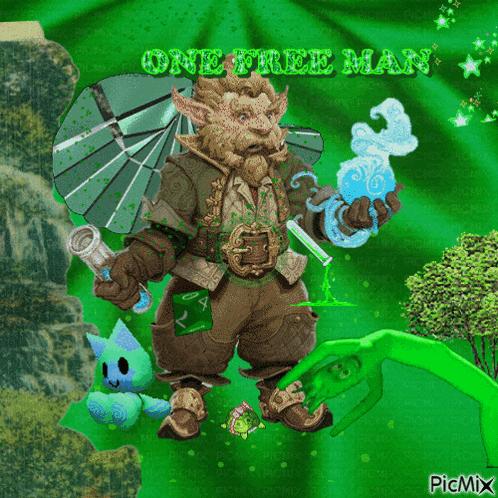 a picture of a gnome with the words one tree man written in green