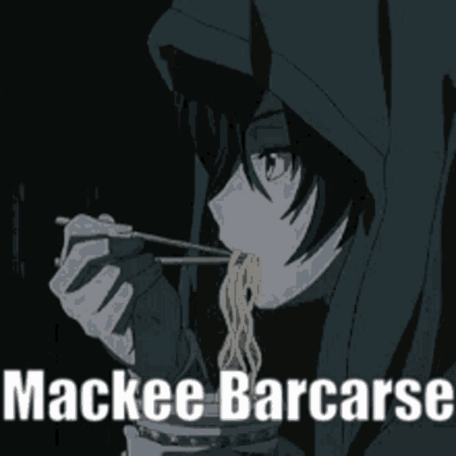 a picture of a person eating noodles with chopsticks and the words mackee barcase and mackee barcarse