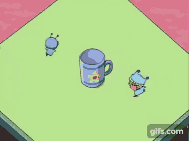 a purple cup with a star on it is on a green table with three cartoon characters .