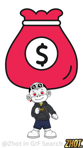 a cartoon character is holding a red bag of money