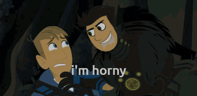 a cartoon of two men with the words i 'm horny on the bottom right