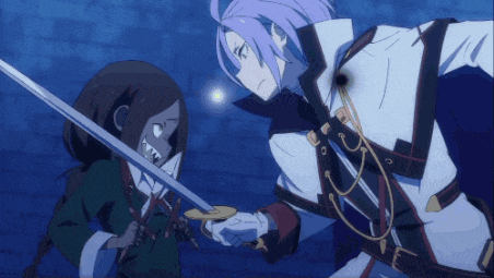 a man with purple hair is holding a sword next to a girl with sharp teeth