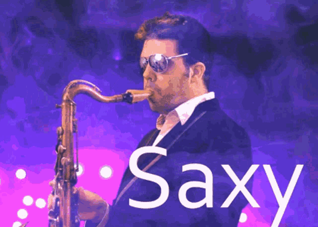 a man in a suit is playing a saxophone with the word saxy written on the bottom
