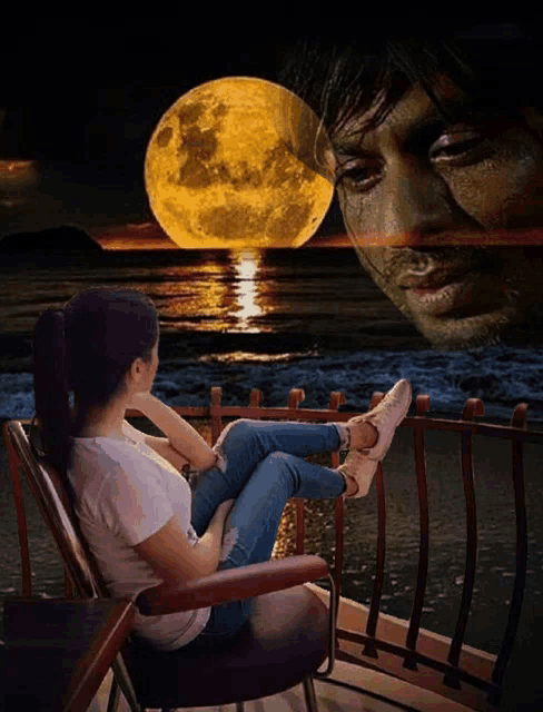 a woman sits on a balcony with her feet up and a full moon in the background