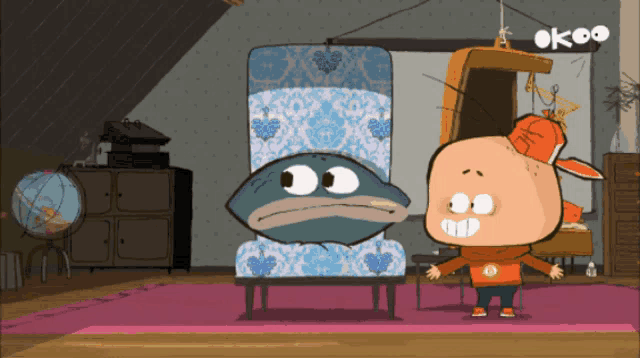 a cartoon character is standing next to a chair with the word ok on the bottom