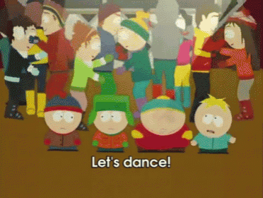 a group of south park characters are dancing and the words let 's dance are visible