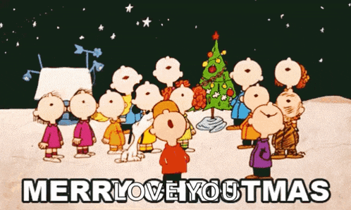 a group of peanuts characters standing around a christmas tree with merry love youtmas written on the bottom