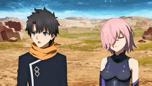 a boy and a girl are standing next to each other in a desert scene