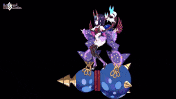 a cartoon of a woman with horns holding a giant blue ball