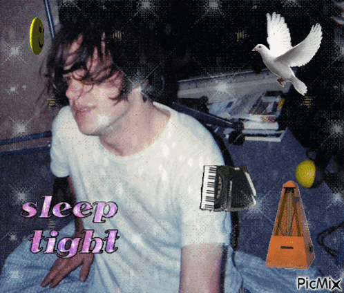 a man is laying on a bed with the words sleep tight written above him