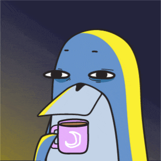 a cartoon of a penguin holding a pink cup with a crescent moon on it