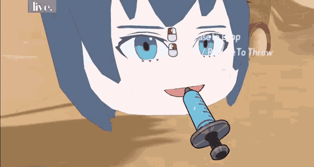 a cartoon of a girl with a syringe in her mouth with the words live below her