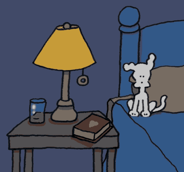 a cartoon of a dog on a bed next to a lamp