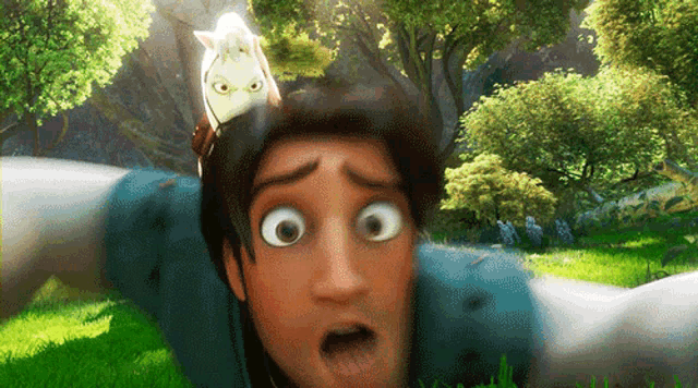 a cartoon character with a horse on his head is looking at the camera with a surprised look on his face