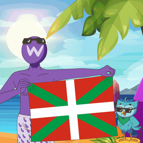 a cartoon character with a w on his head holds a flag