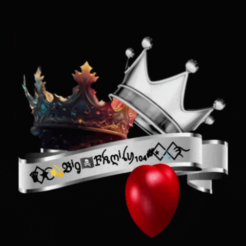 a crown with a silver ribbon that says king family 104