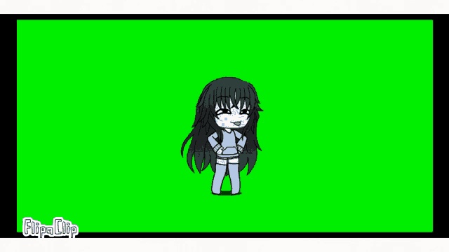 a gacha girl is standing in front of a green screen and smiling .