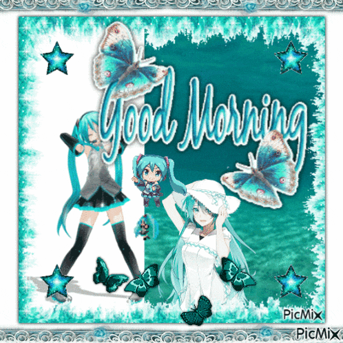 a picture of a girl with butterflies and the words good morning on it