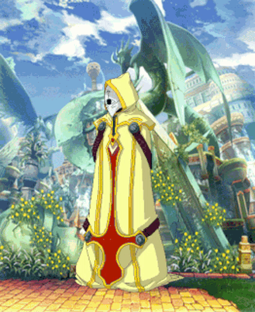 a cartoon character in a yellow robe with a cross on it