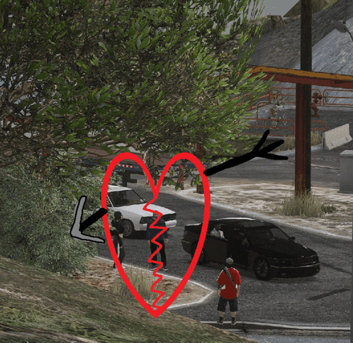 a drawing of a man holding a broken heart in front of a white car