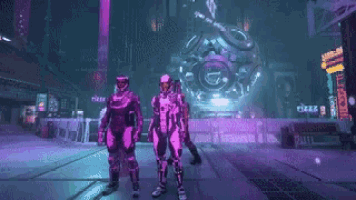 a group of futuristic soldiers are standing in front of a sign that says ' flexi ' on it