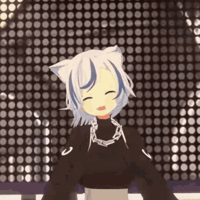 a 3d anime girl with cat ears and a chain around her neck is standing in front of a wall of circles .