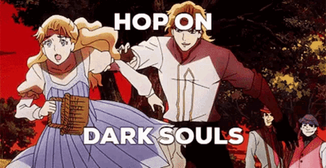 a cartoon of a man and a woman running in a forest with the words `` hop on dark souls '' above them .