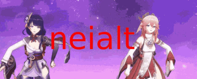 two anime characters are standing next to each other with the word neialt in red