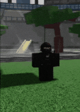 a person in a video game is holding a book in their hand while standing in the grass .