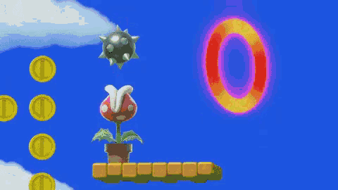 a video game scene with coins and a ring in the sky