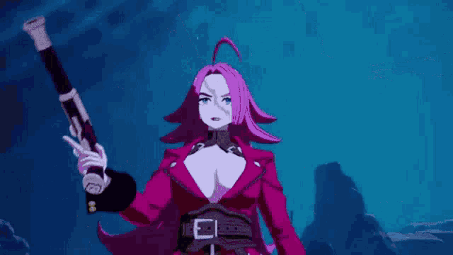 a cartoon character with purple hair and a huge breast is in a video game .