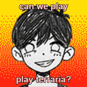 a black and white drawing of a boy with the words `` can we play play terraria ? ''