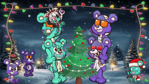 a group of teddy bears are standing around a christmas tree
