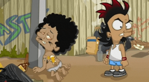 a cartoon of a boy with a mohawk standing next to another boy with a bottle of beer
