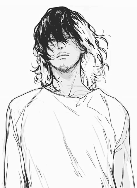 a black and white drawing of a person with long hair and a beard